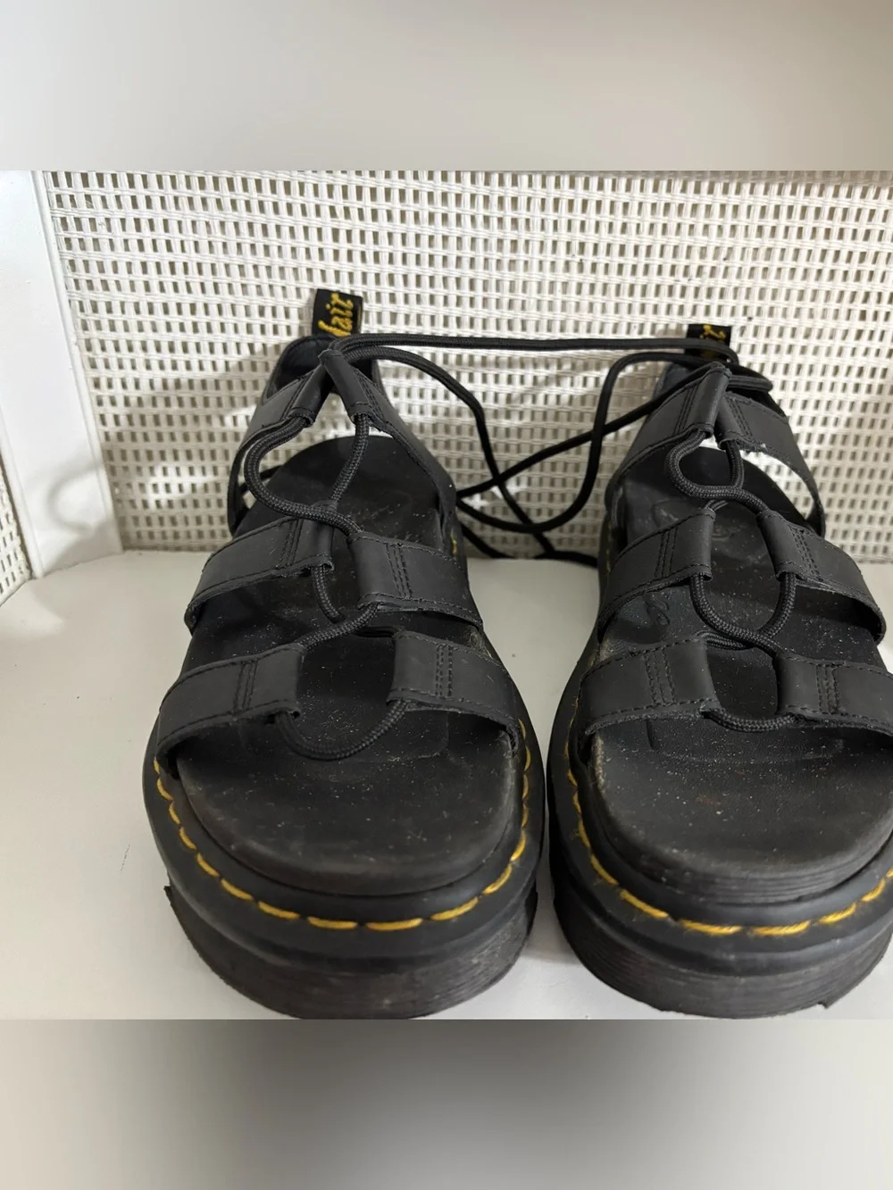 Dr. Martens Nartilla Black Lace-Up Gladiator Platform Sandals - Yellow Stitching